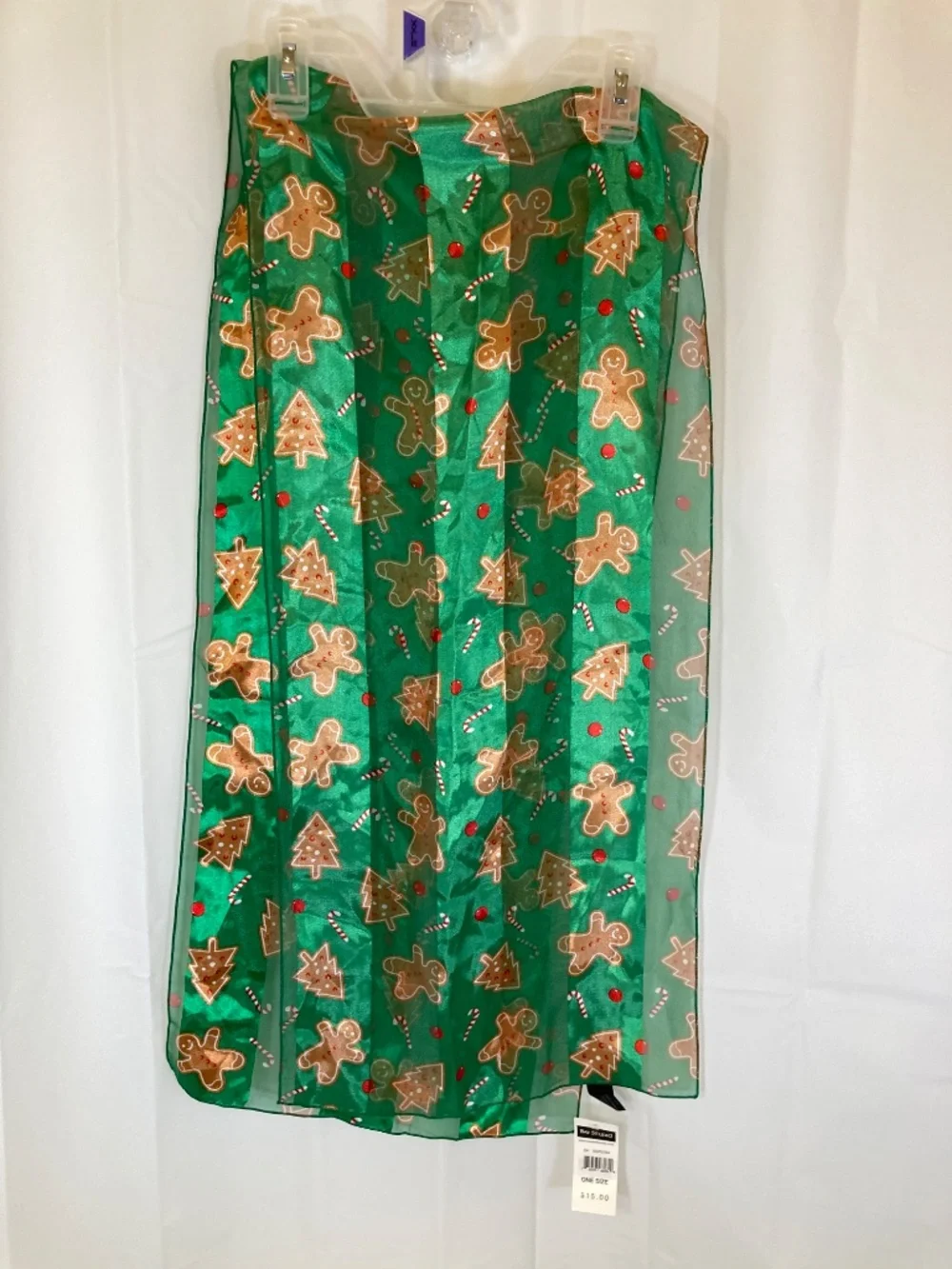 Christmas Scarf Green Silk Feel Gingerbread All Over Print NWT Bay Studio